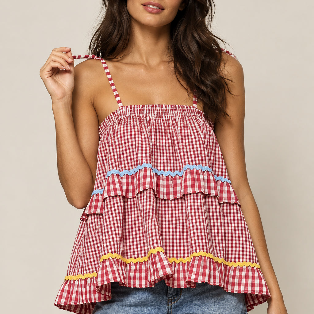 Women's Red Gingham Tiered Peplum Cami