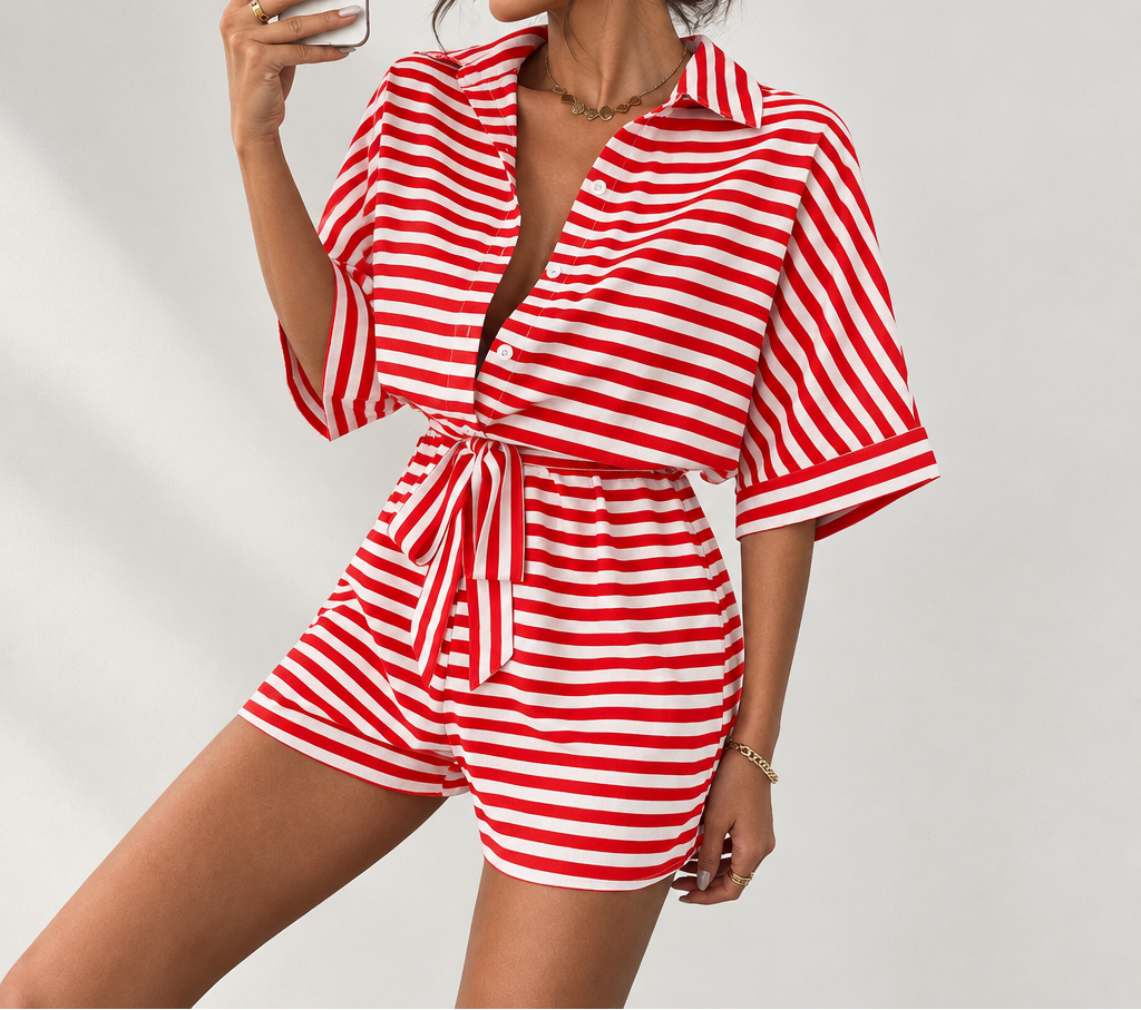 Women's Striped Shirt & Shorts Set — Batwing Sleeve