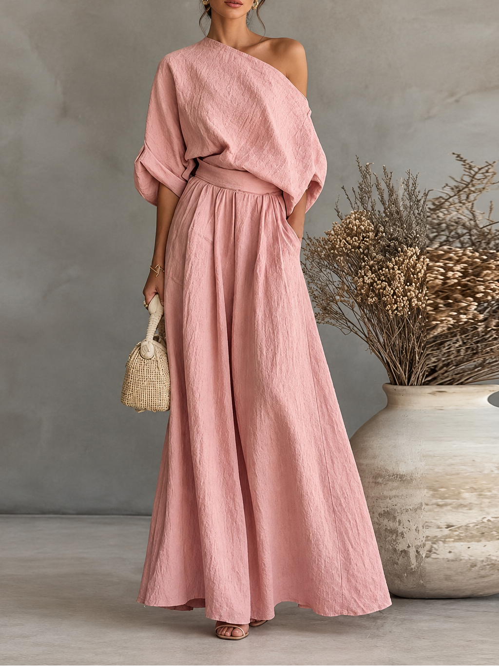 Women's Skew Neck Top & Wide Leg Pant Set