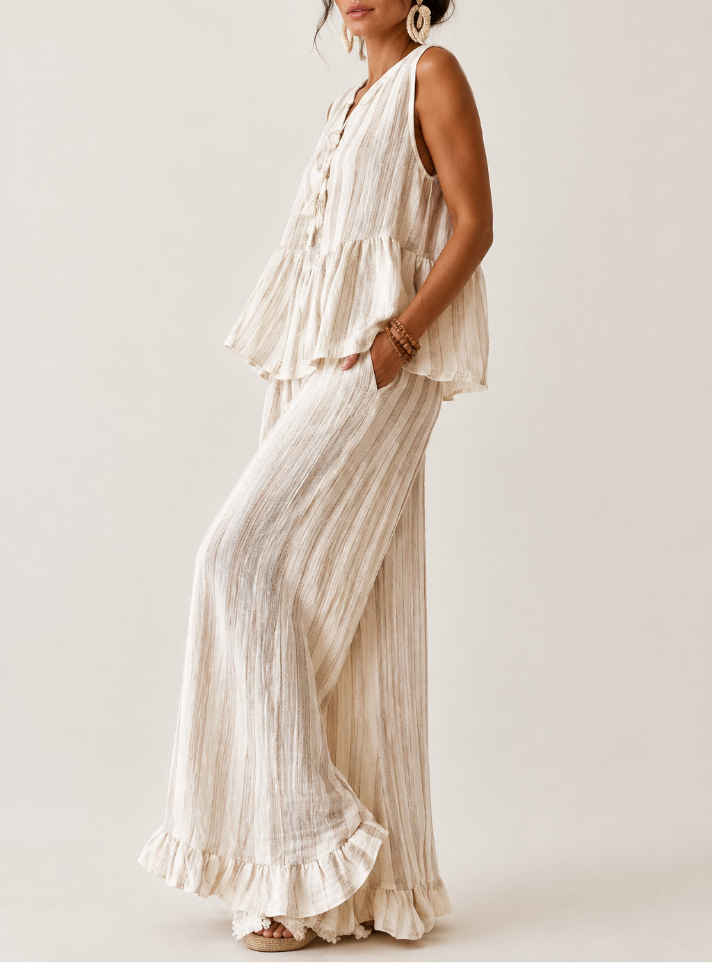 Women's Linen Striped Vest & Wide Leg Trouser Set — Two-Piece