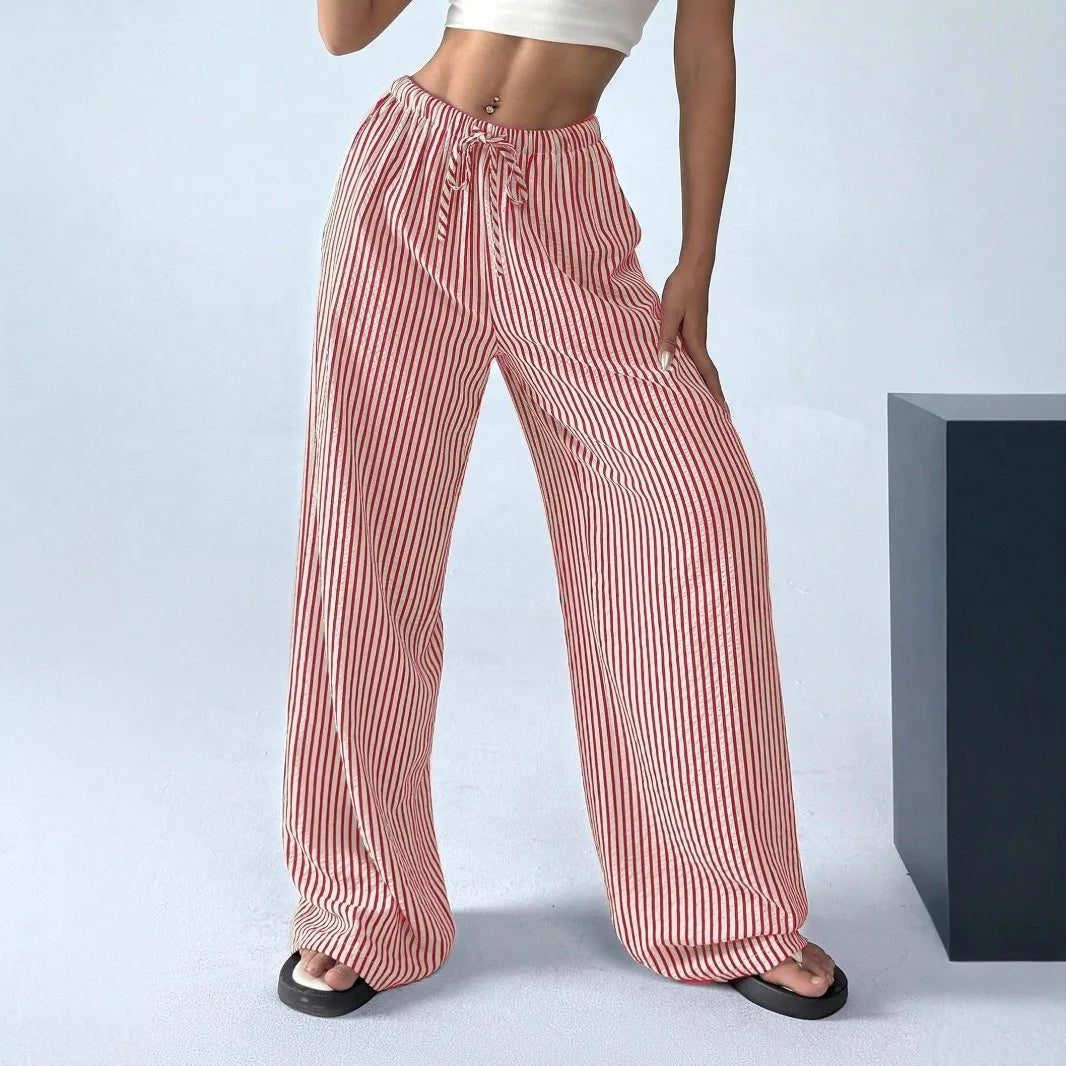 Women's Striped Drawstring Pants — Wide Leg