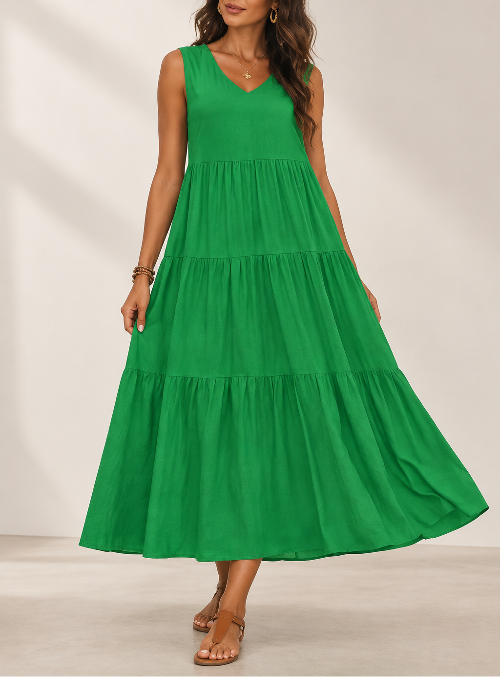 Women's V-Neck A-Line Midi Dress — Sleeveless