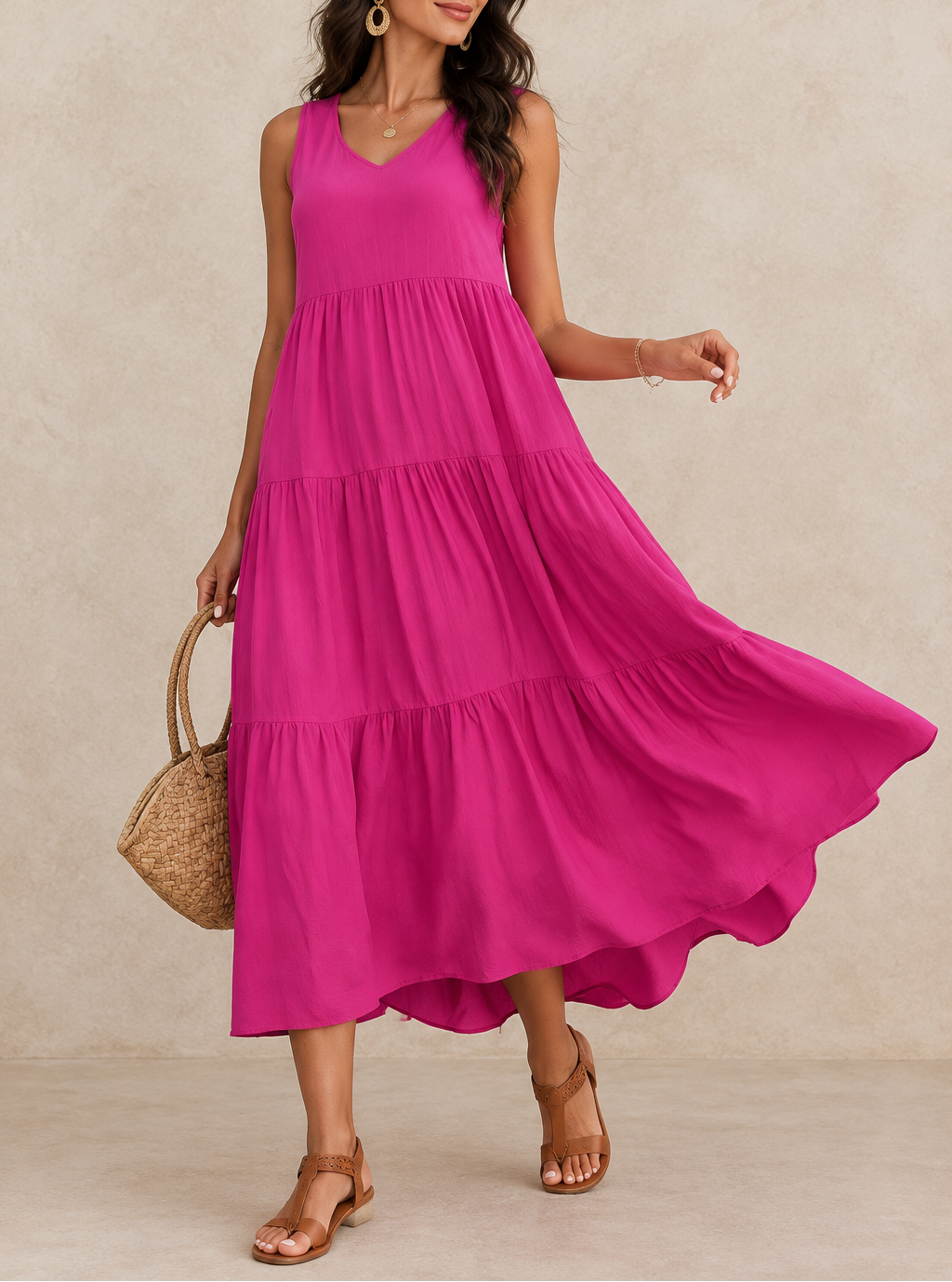 Women's V-Neck A-Line Midi Dress — Sleeveless