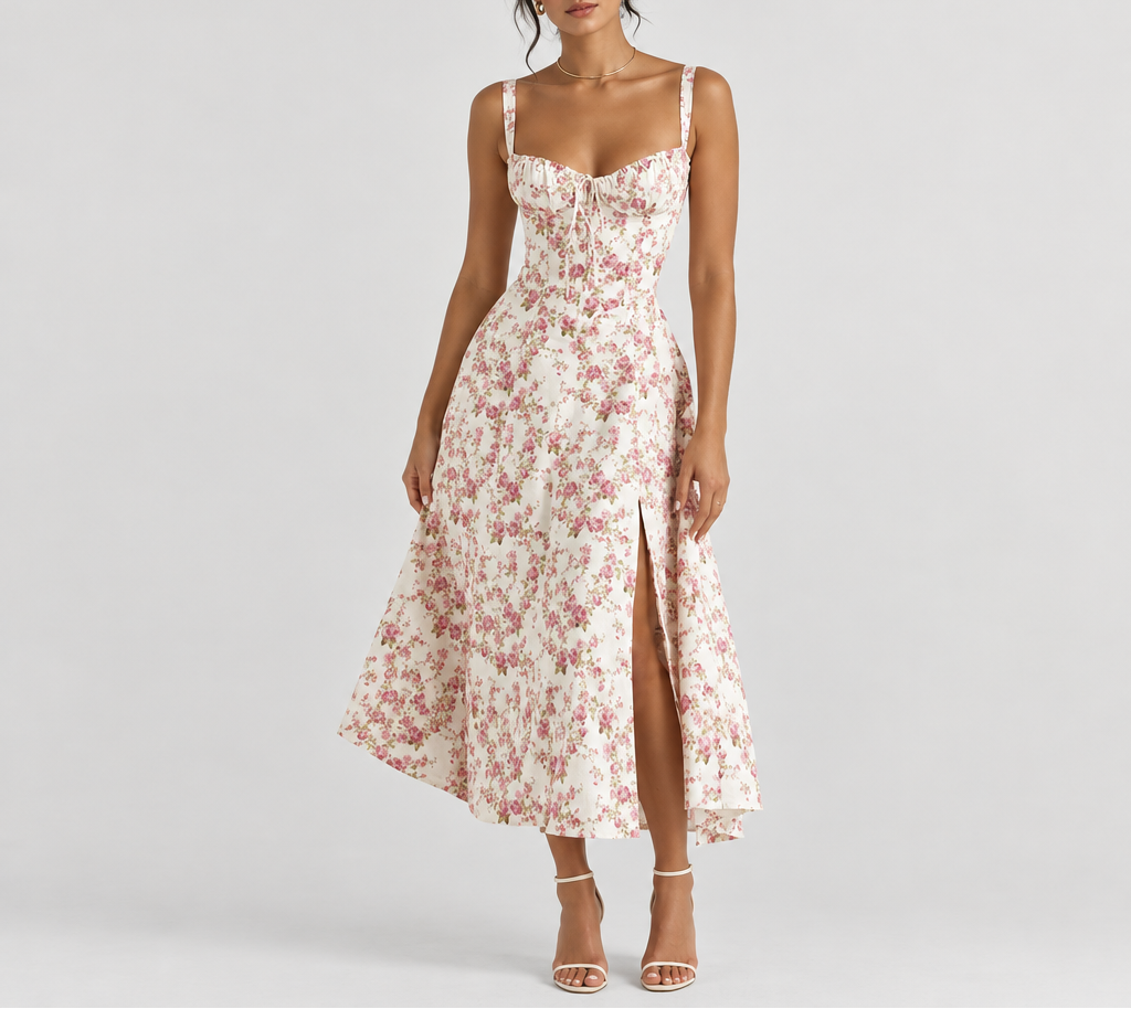 Women's Corset Midi Dress — Lace-Up & Slit