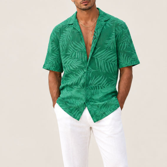 Men's Leaf Print Open-Knit Shirt — Short Sleeve