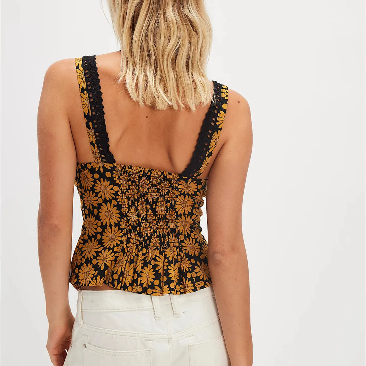 Women's Floral Halter Crop Top — Smocked Button Front
