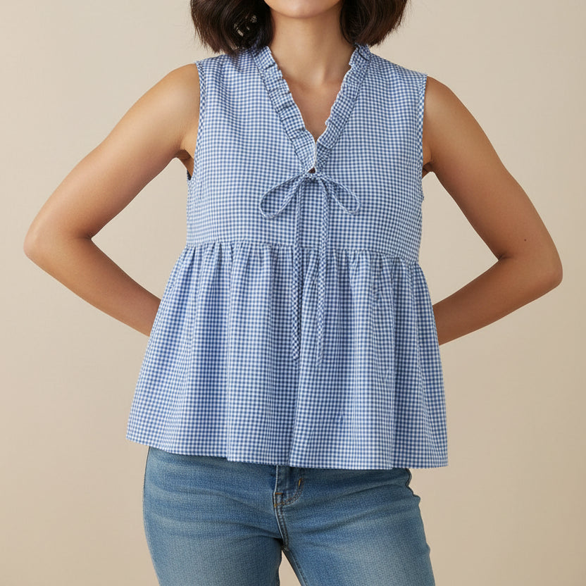 Women's Gingham Ruffle Tank Top — Lace-Up V-Neck