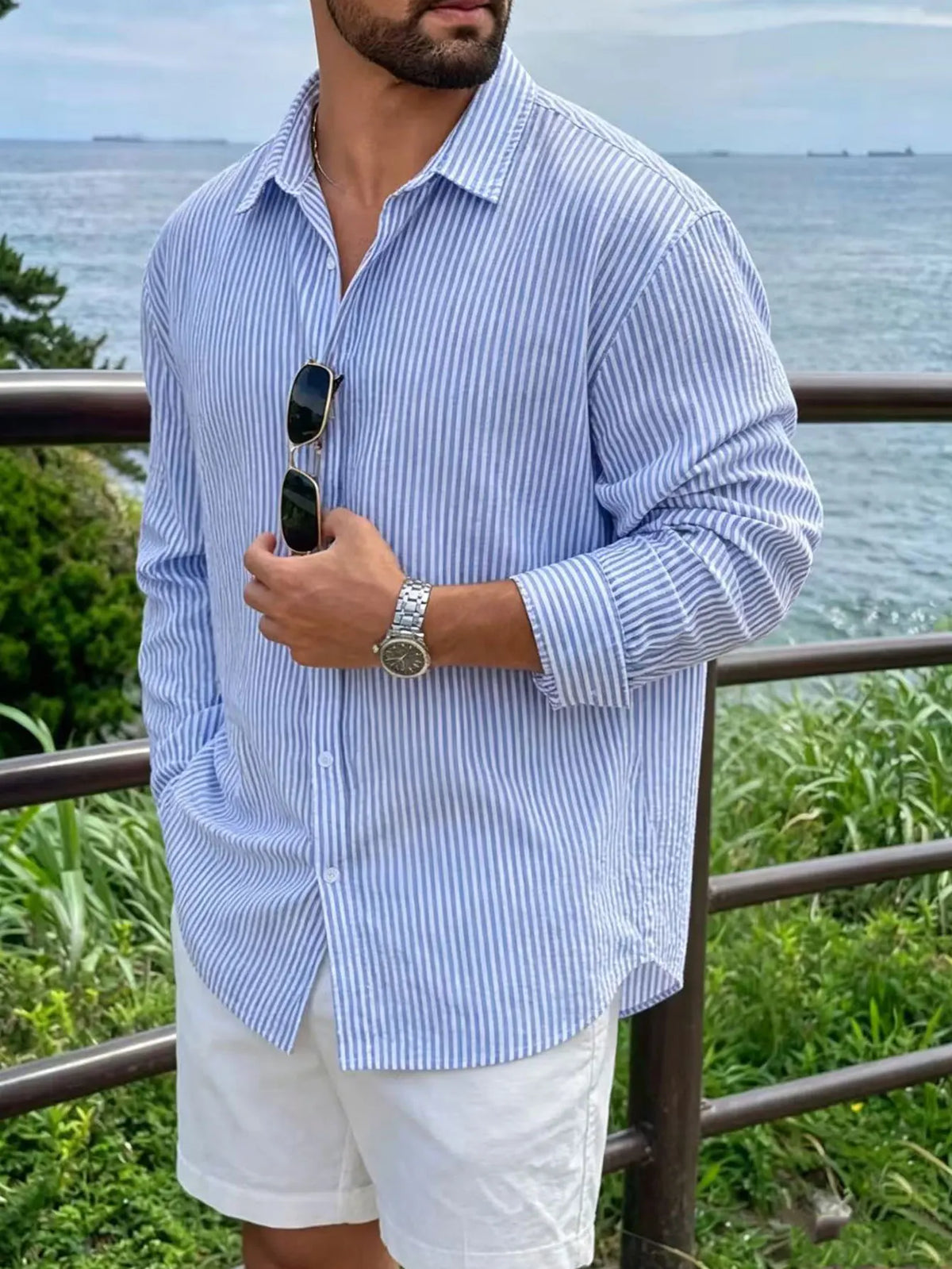 Men's Striped Long Sleeve Shirt — Loose Fit