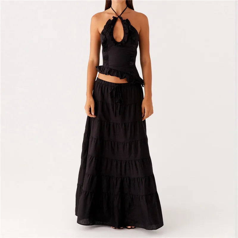 Women's Ruffle Halter Top & Maxi Skirt Set — Tie Back