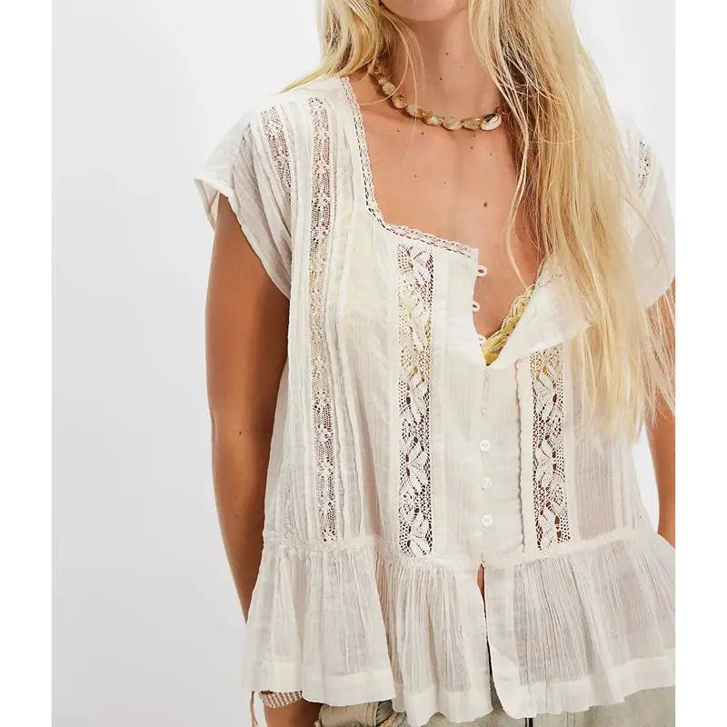 Women's Lace Panel Blouse — Square Neck Button