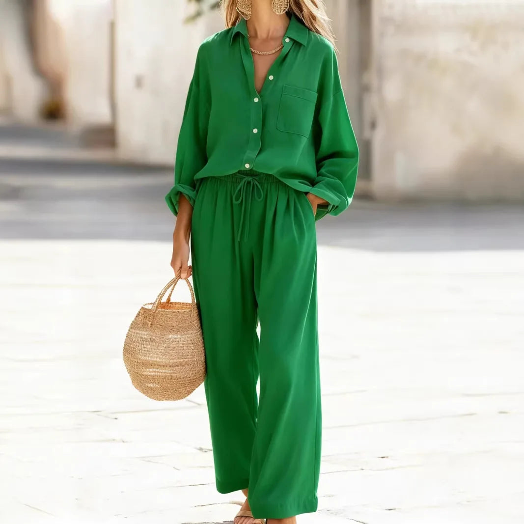 Women's Collared Shirt & Wide Leg Pant Set — Two-Piece