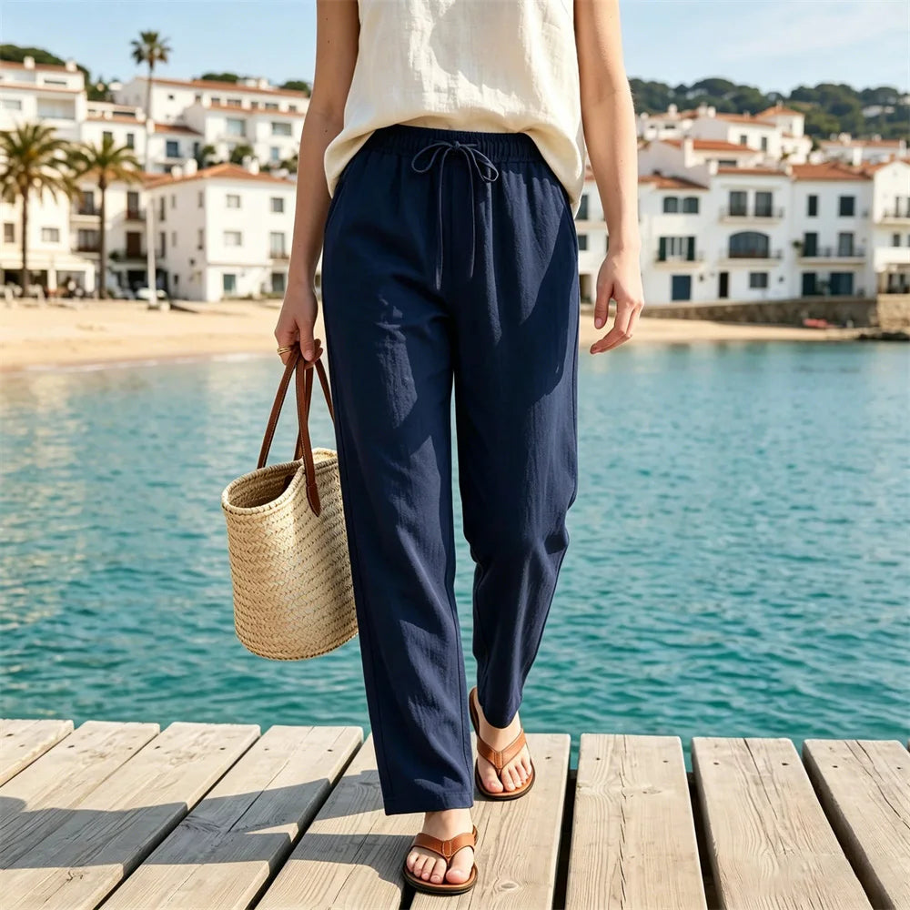 Women's Cotton Linen Trousers — Elastic Waist