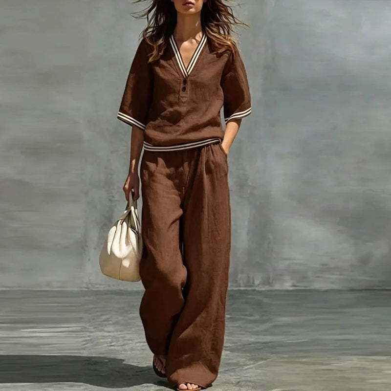 Women's Striped Button Shirt & Wide Leg Set
