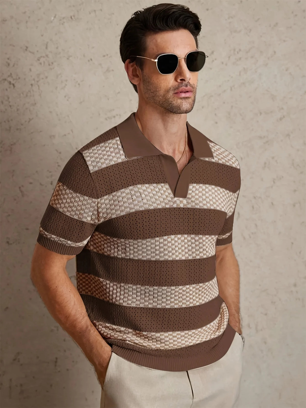 Men's Striped Knit Polo — Contrast Collar
