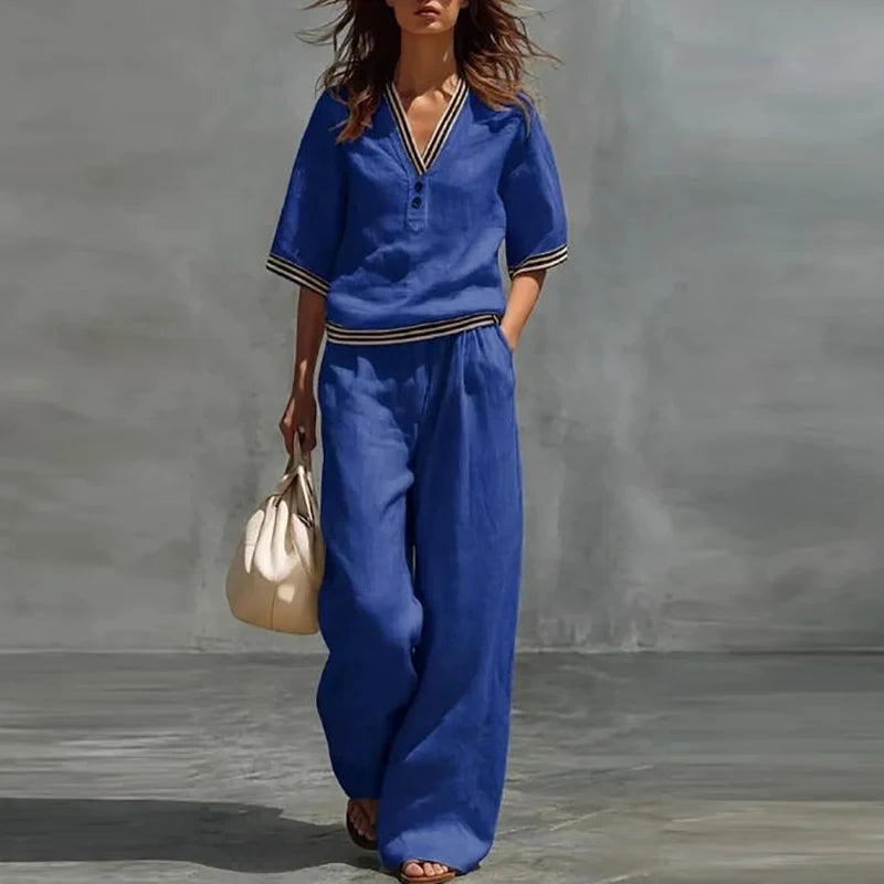 Women's Striped Button Shirt & Wide Leg Set