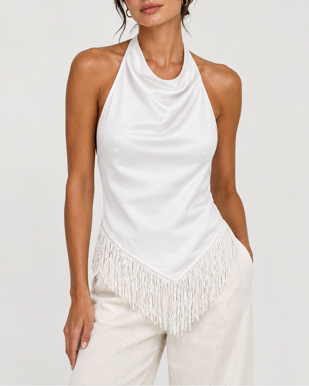 Women's Satin Cowl Neck Halter Top — Fringe Hem