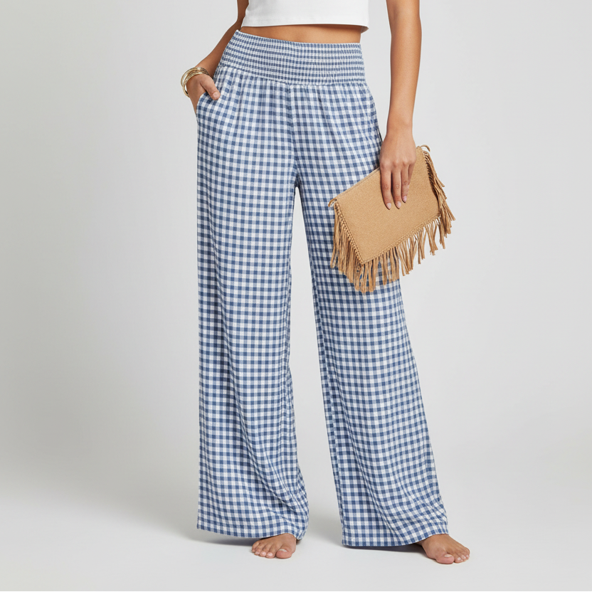 Women's Gingham Wide Leg Pants — Relaxed Fit