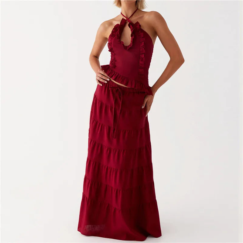 Women's Ruffle Halter Top & Maxi Skirt Set — Tie Back
