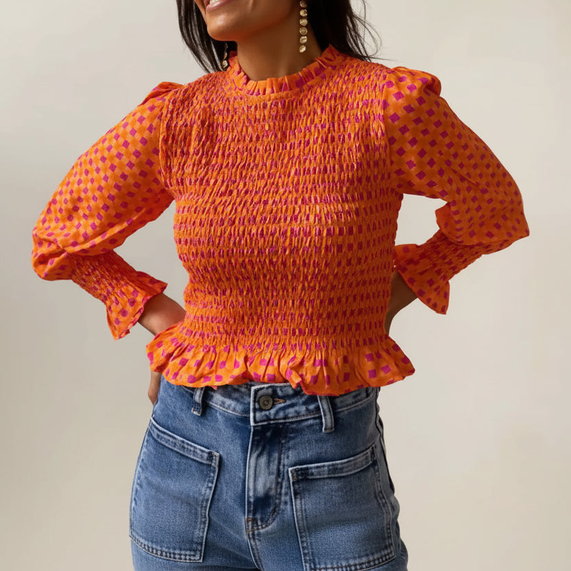 Women's Gingham Peplum Top — Puff Long Sleeve