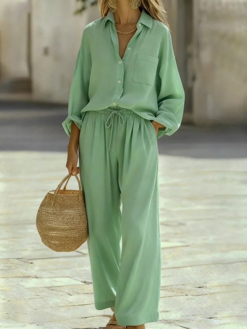 Women's Collared Shirt & Wide Leg Pant Set — Two-Piece