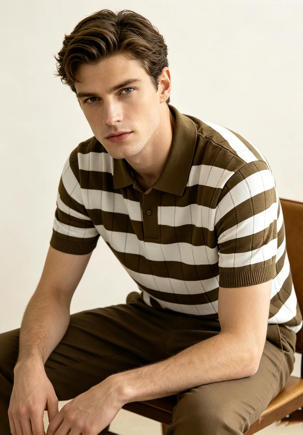 Men's Brown Striped Knitted Polo