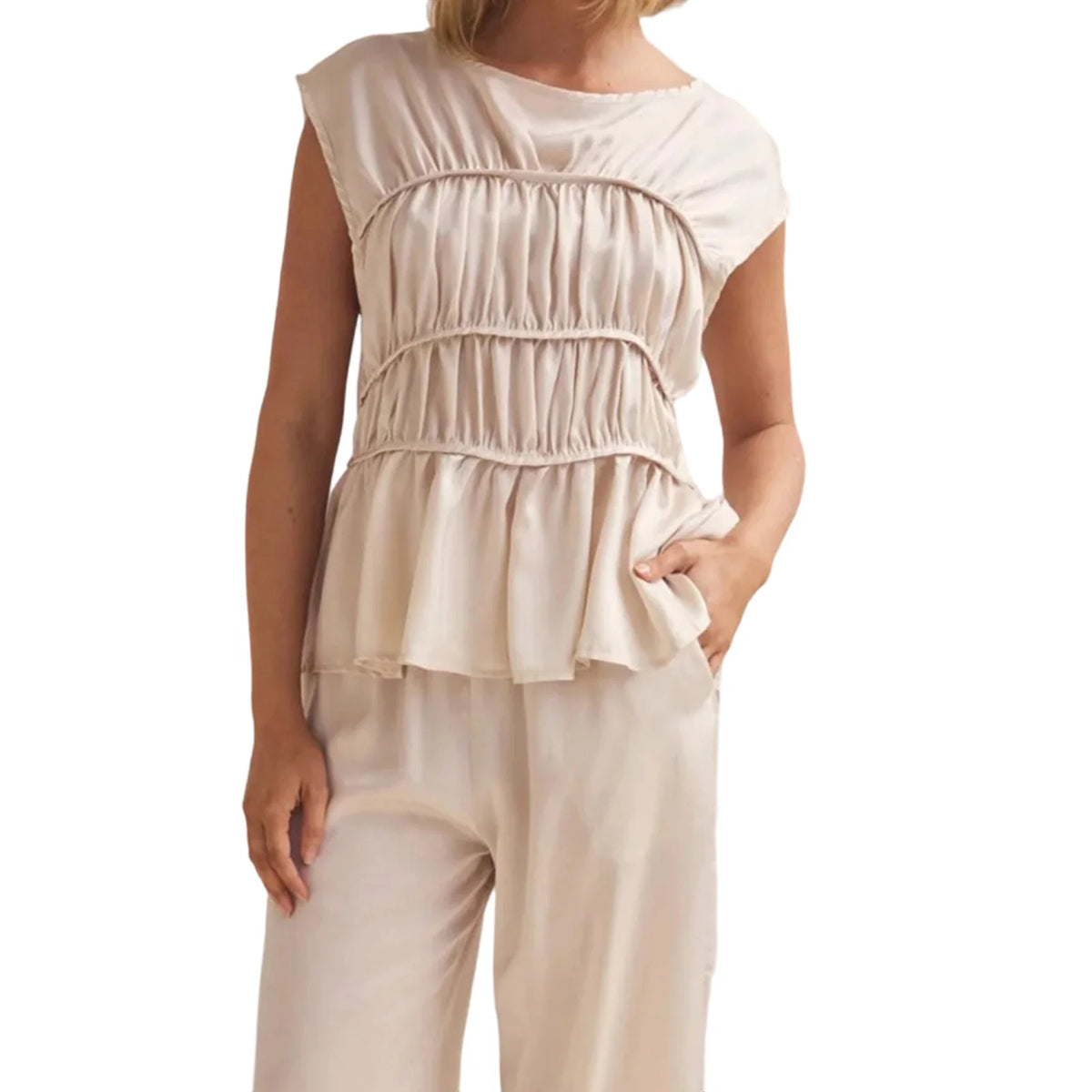 Women's Smocked Ruched Top — Cap Sleeve
