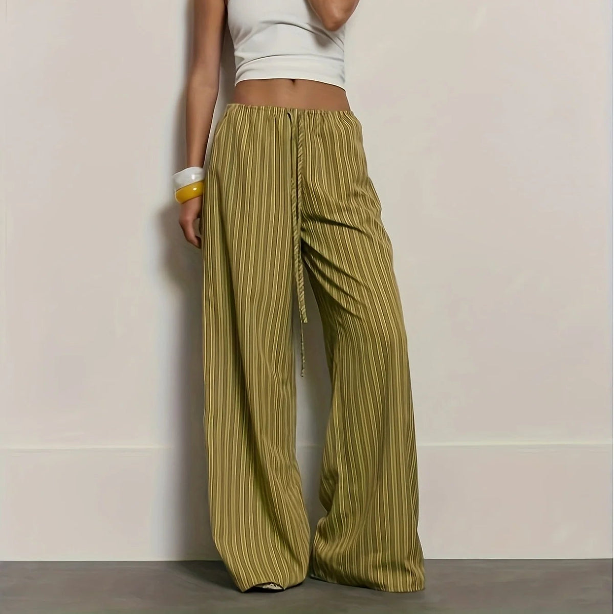 Women's Olive Striped Wide Leg Pants — Drawstring