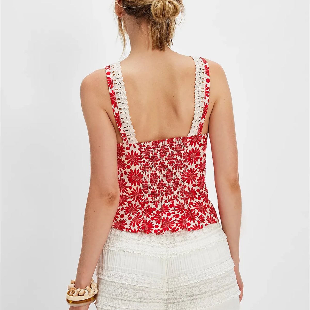 Women's Floral Halter Crop Top — Smocked Button Front
