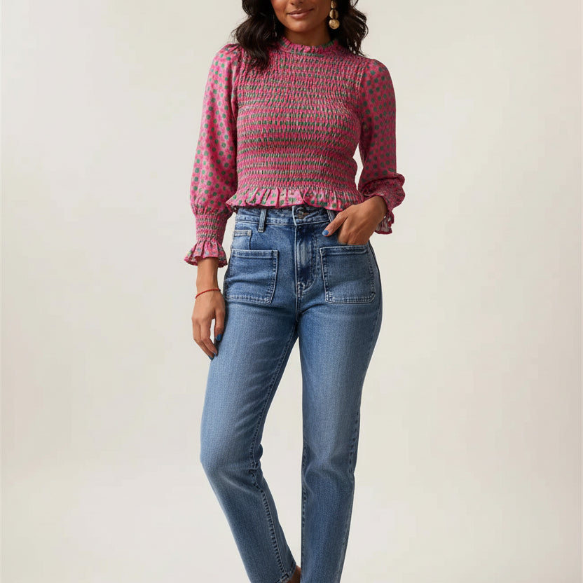 Women's Gingham Peplum Top — Puff Long Sleeve