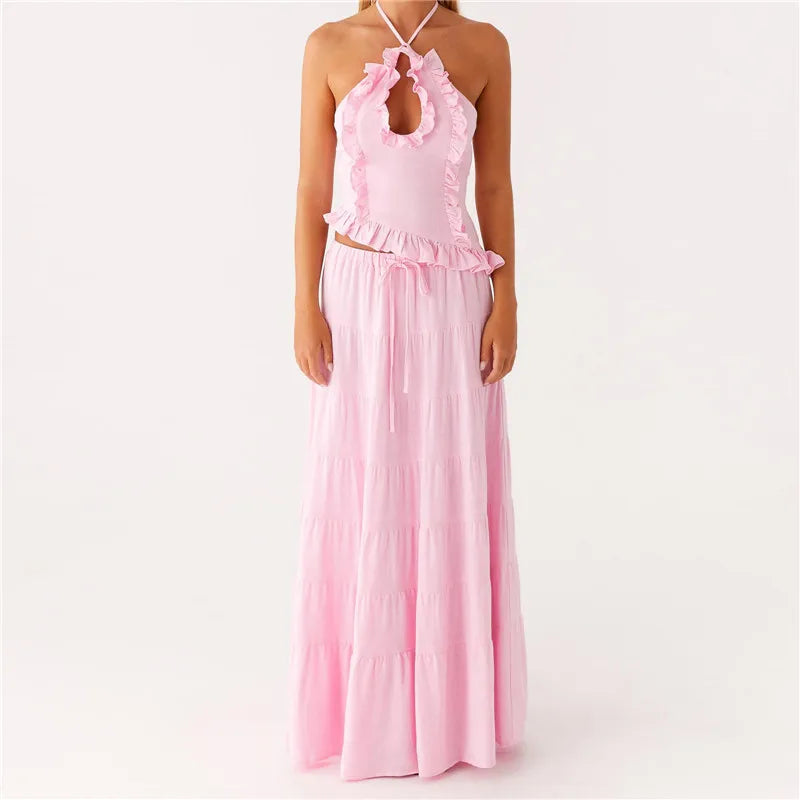 Women's Ruffle Halter Top & Maxi Skirt Set — Tie Back