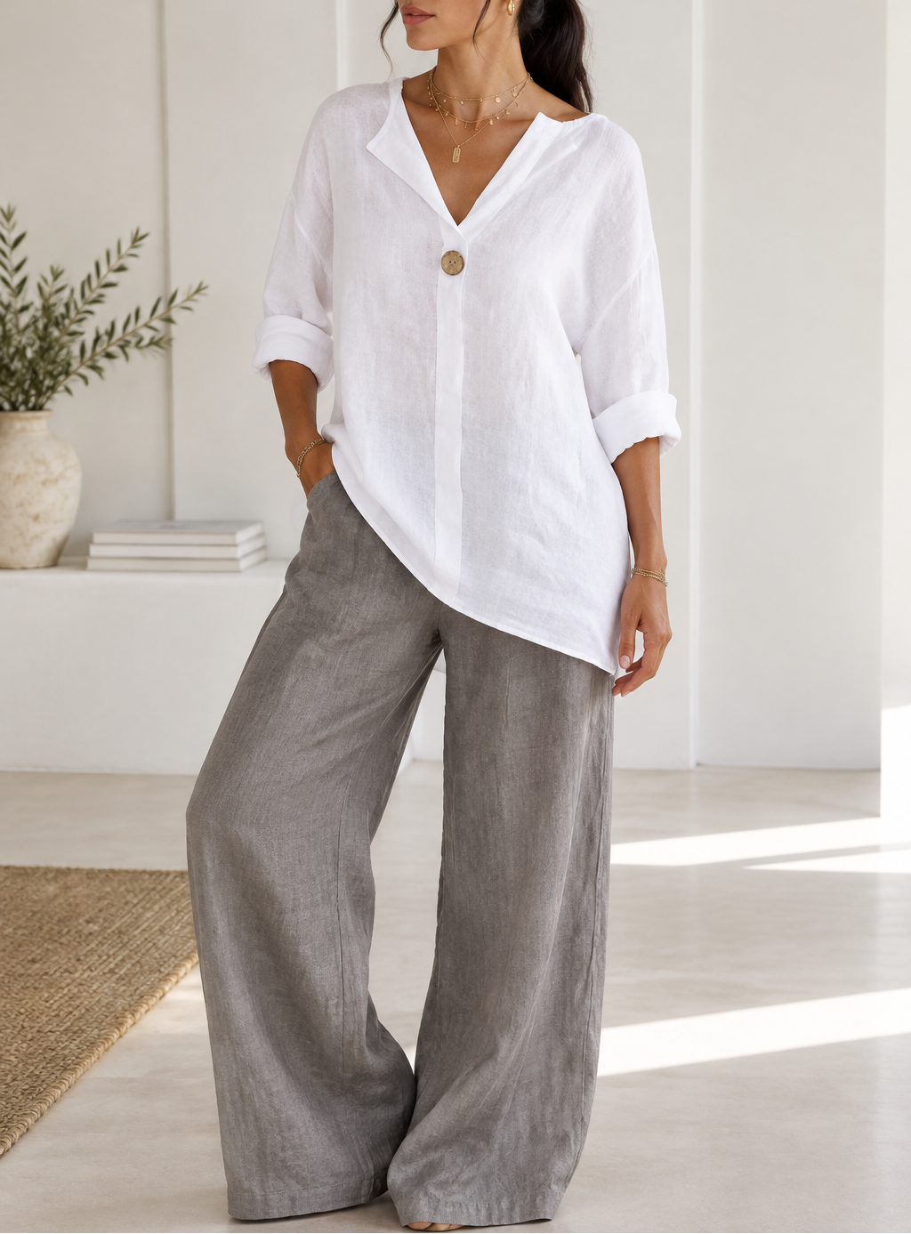 Women's Linen V-Neck Button Blouse — 3/4 Sleeve