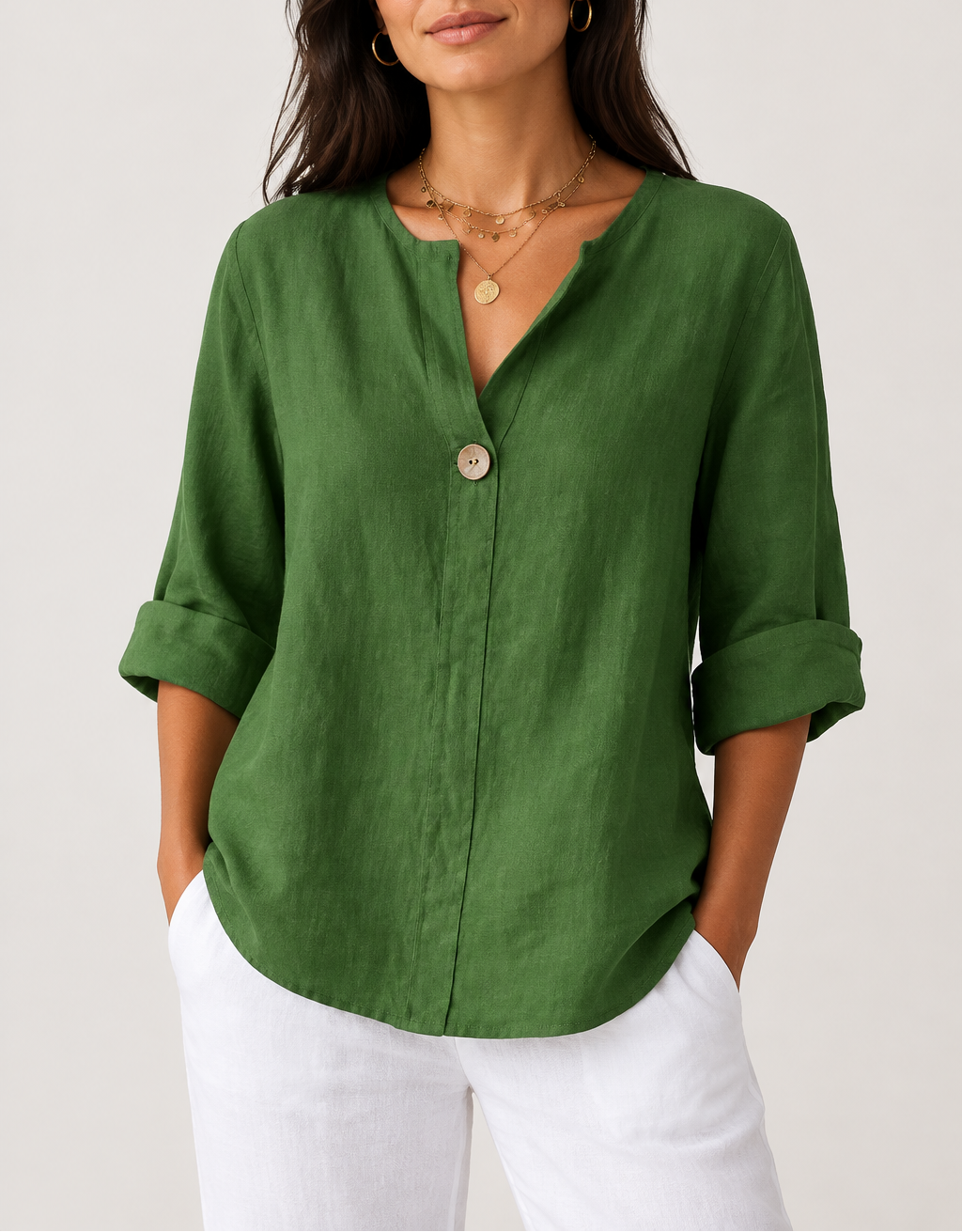 Women's Linen V-Neck Button Blouse — 3/4 Sleeve