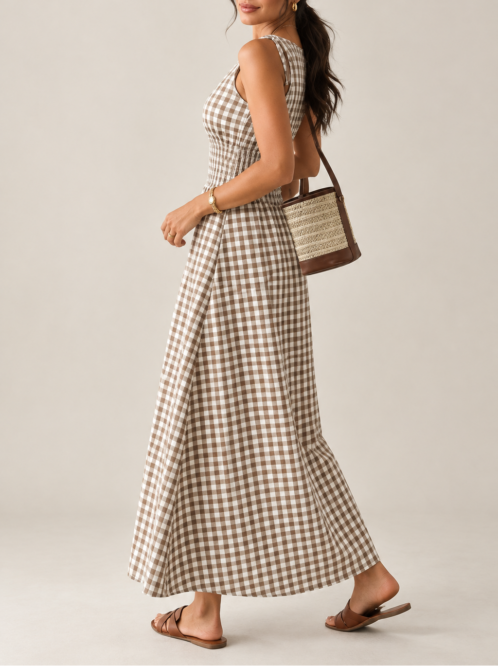 Women's Gingham Maxi Dress — Drawstring Waist