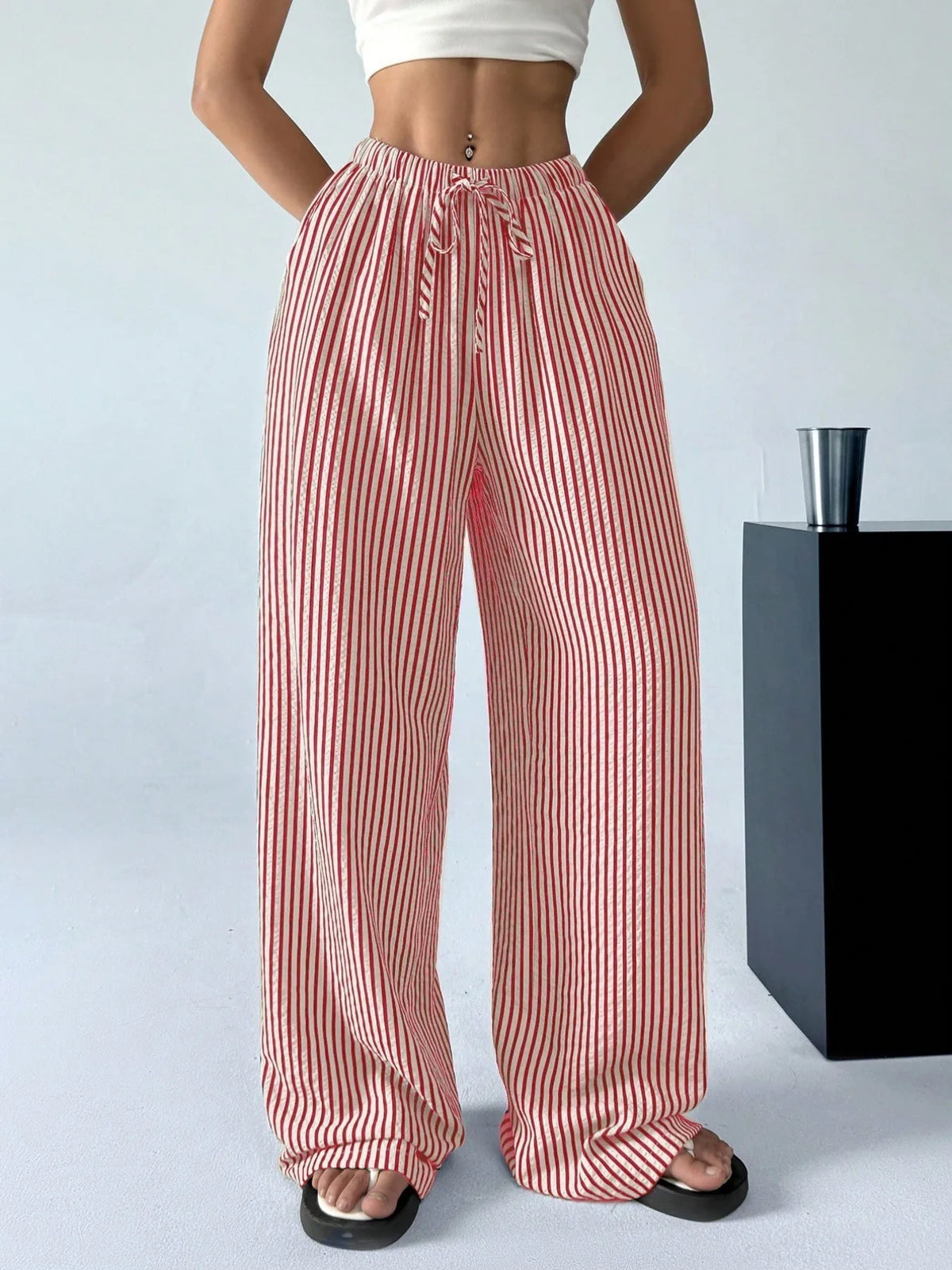 Women's Striped Drawstring Pants — Wide Leg