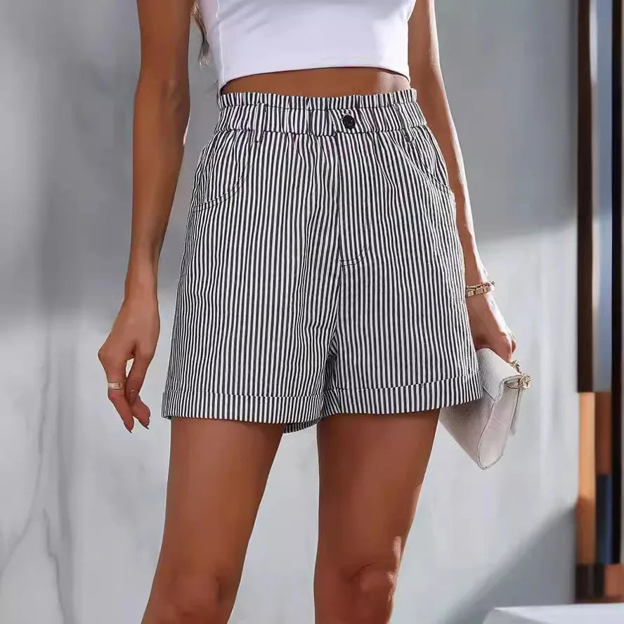 Women's Striped Shorts — Elastic Waist Pockets