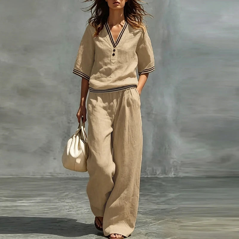 Women's Striped Button Shirt & Wide Leg Set