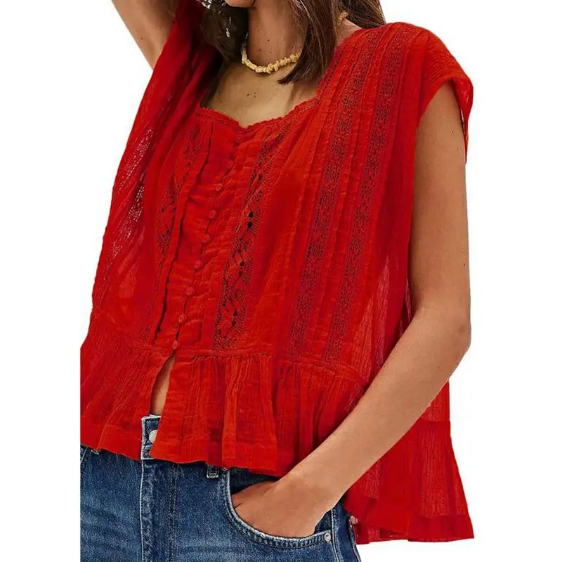 Women's Lace Panel Blouse — Square Neck Button