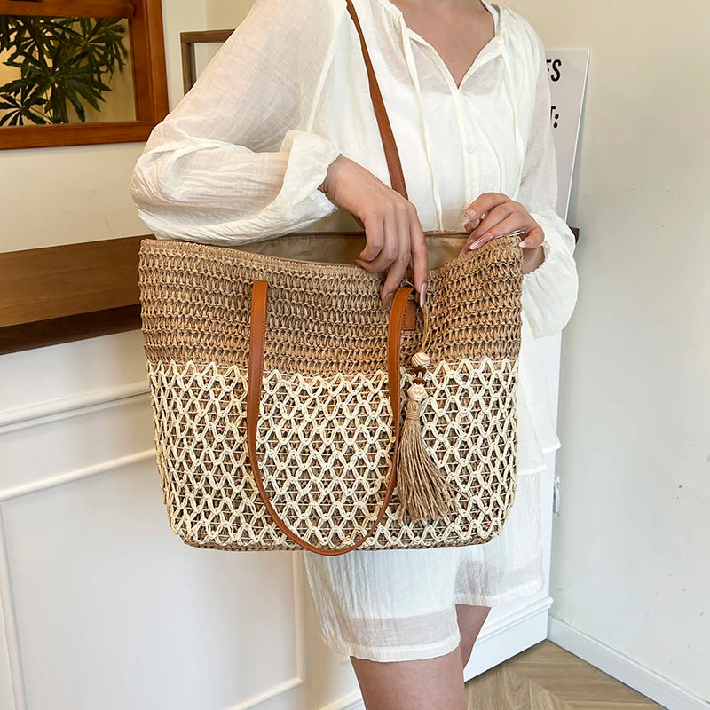 Women's Woven Raffia Shoulder Bag — Large Capacity