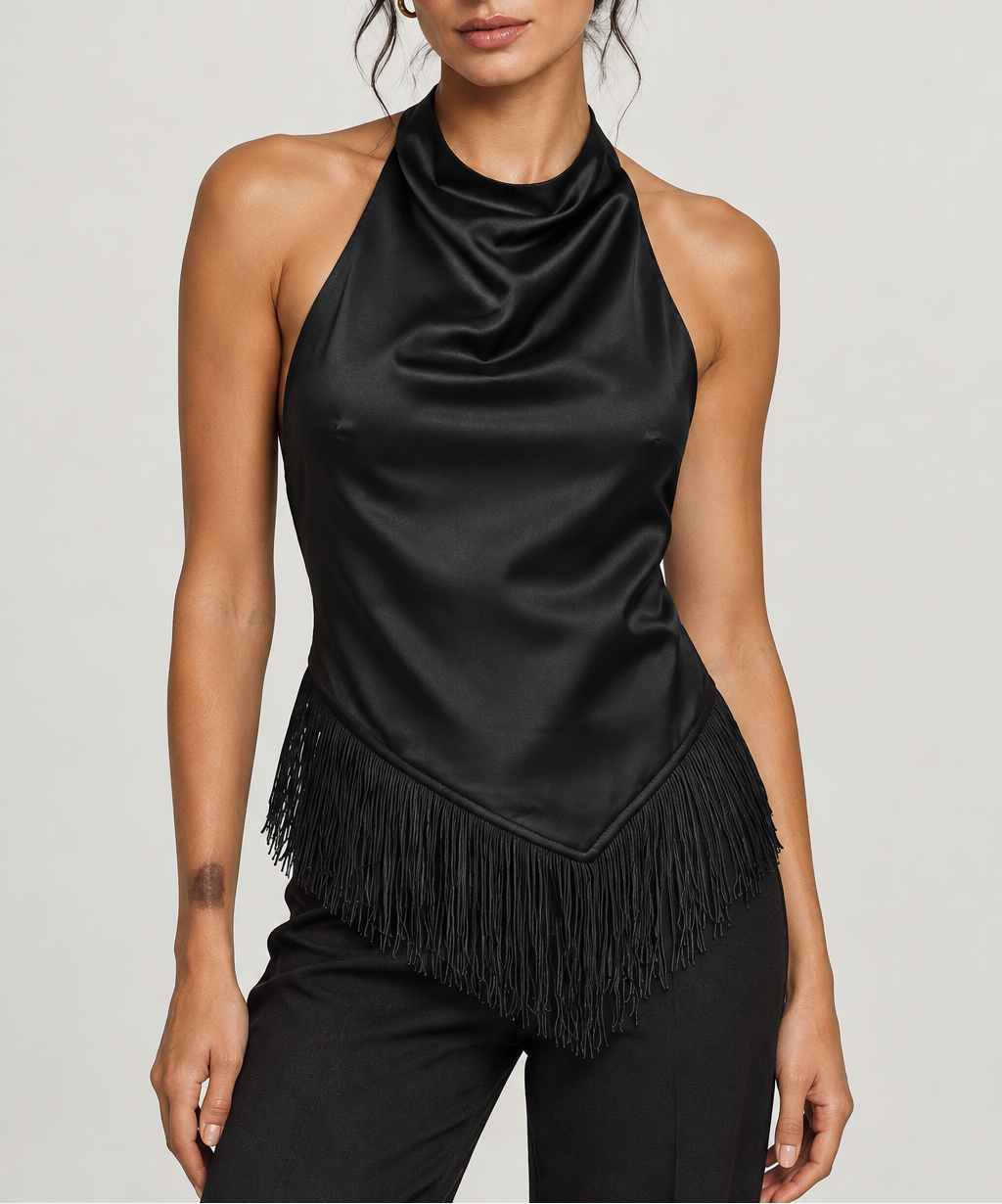 Women's Satin Cowl Neck Halter Top — Fringe Hem