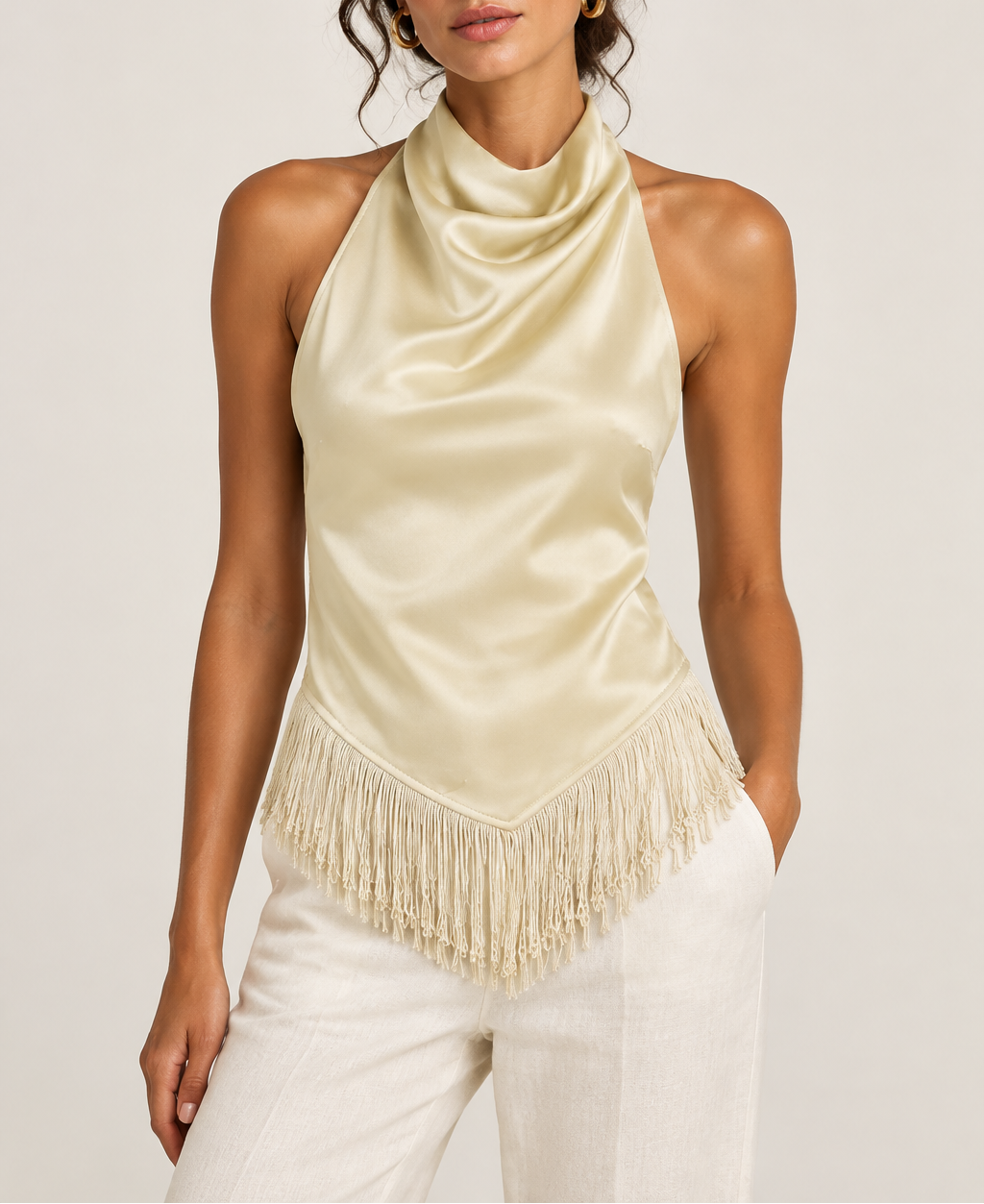 Women's Satin Cowl Neck Halter Top — Fringe Hem