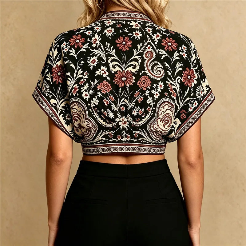 Women's Tropical Print Tie Front Crop Blouse