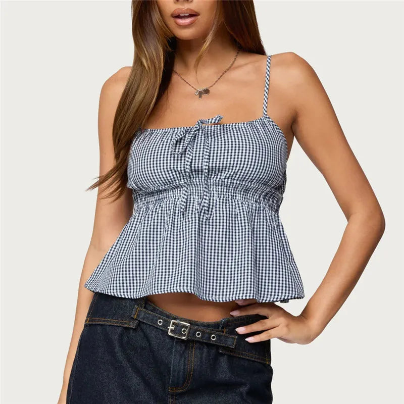 Women's Gingham Peplum Cami Top — Tie Front