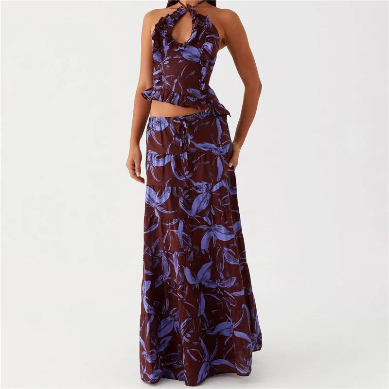 Women's Ruffle Halter Top & Maxi Skirt Set — Tie Back