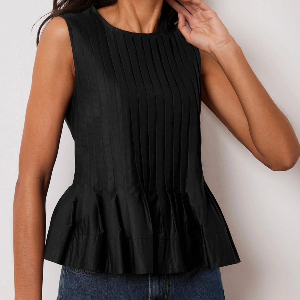 Women's Pleated Ruffle Hem Tank Top — Round Neck