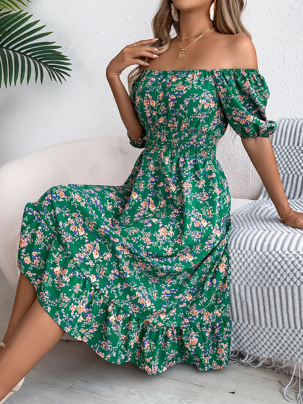 Women's Floral Tiered Midi Dress — Puff Sleeve