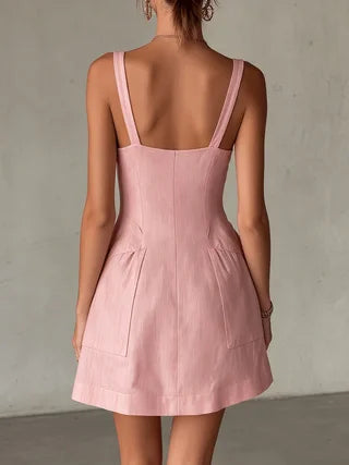 Women's Button Front Mini Dress — Deep V with Pockets