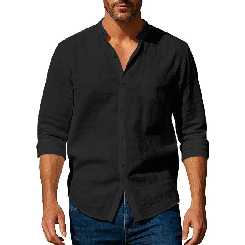 Men's Cotton Linen Henley Shirt — Long Sleeve