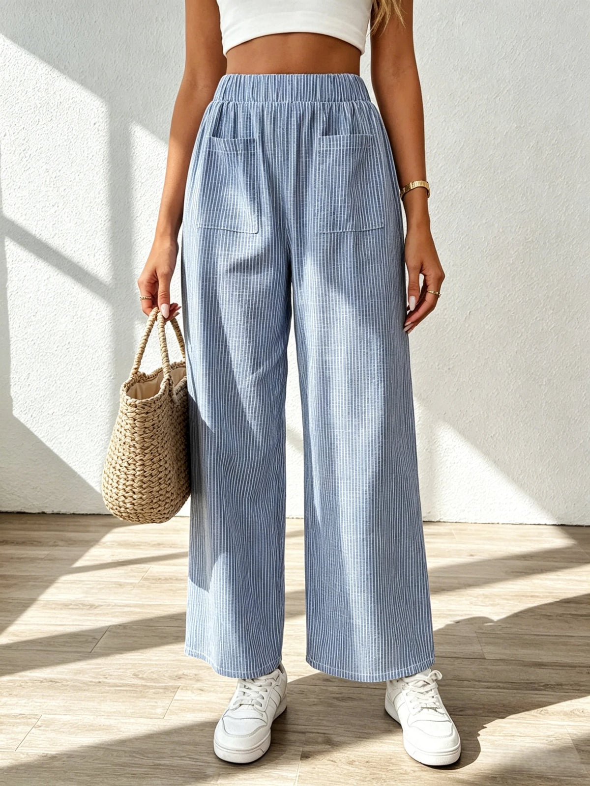 Women's Striped Wide Leg Pants — Elastic Waist