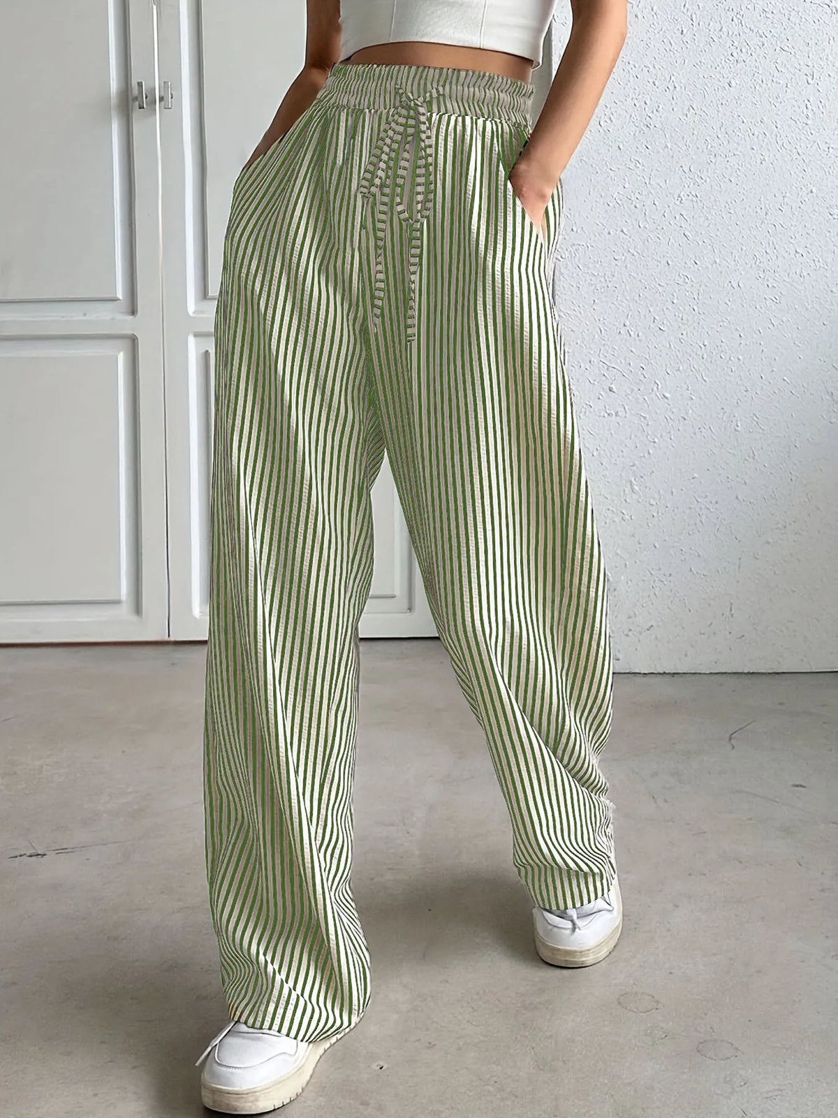 Women's Striped Straight Leg Trousers — High Waist