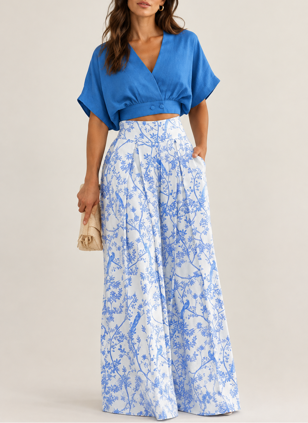 Women's V-Neck Top & Floral Wide Leg Pant Set
